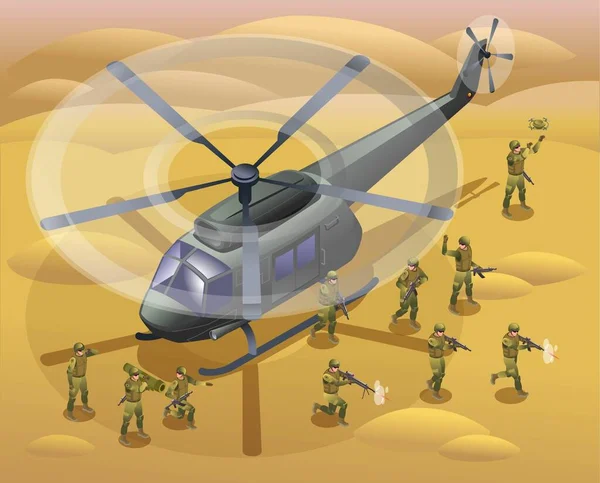 Spezialeinheiten Landen Truppen Aus Einem Hubschrauber Und Greifen Der Wüste — Stockvektor