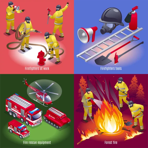 Bomberos Equipos Rescate Incendios Herramientas 2X2 Iconos Isométricos Fondo Aislado — Vector de stock