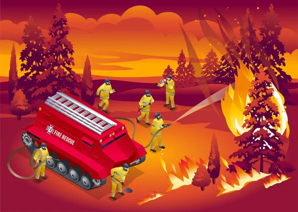 消防士は森の中で火事を消す 孤立した背景のイラスト等のアイコン — ストックベクタ