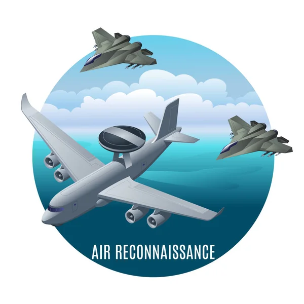 Luchtverkenning Luchtmacht Vlucht Oceaan Vectorillustratie Isometrische Iconen Geïsoleerde Ronde Achtergrond — Stockvector