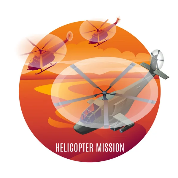 Misión Helicópteros Helicópteros Combate Acción Atardecer Iconos Isométricos Ilustración Vectorial — Archivo Imágenes Vectoriales