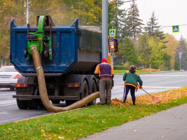 Elektrik işçileri, sarı sonbahar yapraklarını endüstriyel elektrik süpürgesiyle temizliyorlar. Endüstriyel bir vakum yükleyicisi düşen yaprakları ve enkazı bir kamyon zepline yüklüyor. Şehir Parkı. Sonbahar günü.