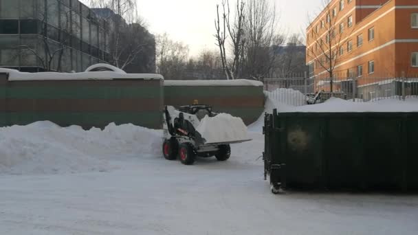 Kis elülső rakodók tiszta hó az utcáról, és betölteni egy bunkerbe. — Stock videók