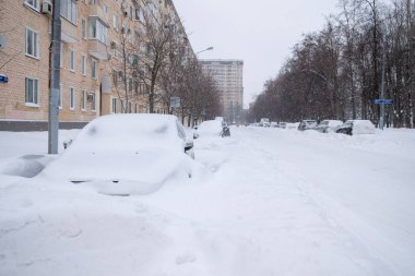 Yol boyunca park etmiş arabalar kalın bir kar tabakasıyla kaplıdır..