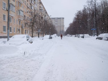 Yol boyunca park etmiş arabalar kalın bir kar tabakasıyla kaplıdır..