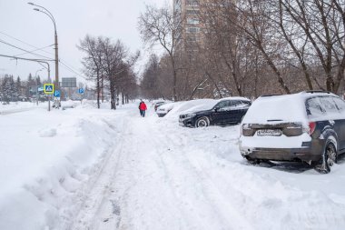 Yol boyunca park etmiş arabalar kalın bir kar tabakasıyla kaplıdır..