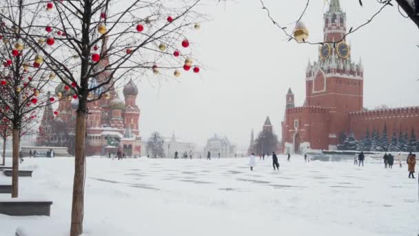 모스크바 러시아 2021 겨울날 내리는 크렘린의 관광객들은 광장을 즐기고 색깔의 — 비디오