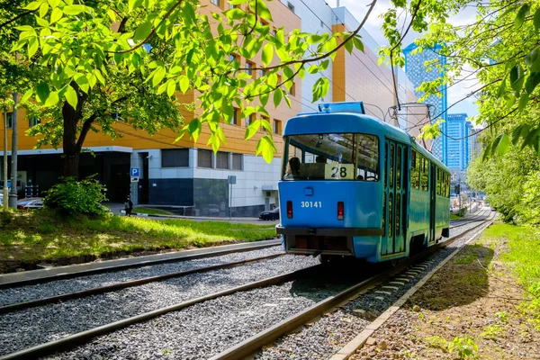 Современный трамвай проходит через городской парк. — стоковое фото
