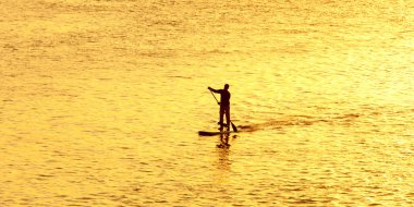 adam paddleboarding ile köpek
