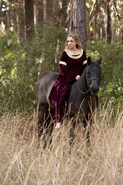馬に乗った中世のドレスを着た女性 — ストック写真