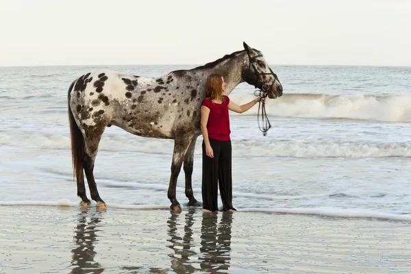 Vrouw op strand met appaloosa — Stockfoto