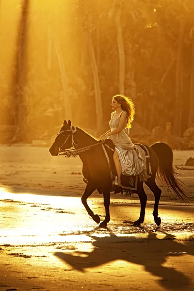 Backlit mulher equitação cavalo na praia Fotografia De Stock