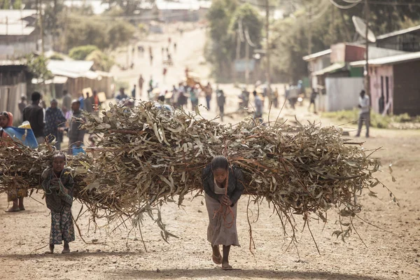 Vrouw en kind met zware ladingen, Ethiopië — Stockfoto