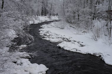 Kış parkında karanlık ve hızlı nehir