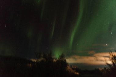 Kışın Murmansk bölgesinde yeşil kuzey ışıkları
