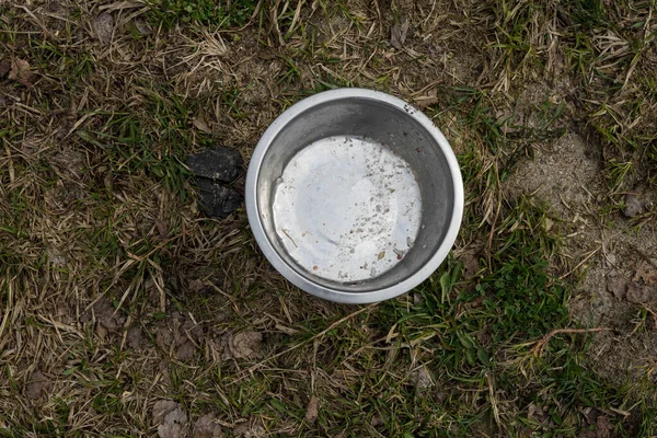 Een ijzeren dierenbak ligt op het gras — Stockfoto