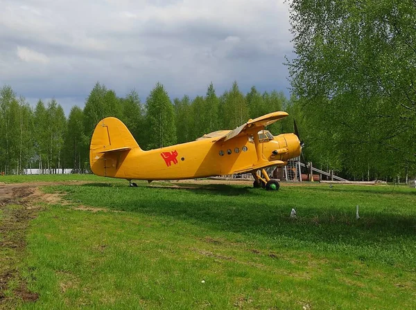 Avião amarelo em um contexto de céu e grama — Fotografia de Stock