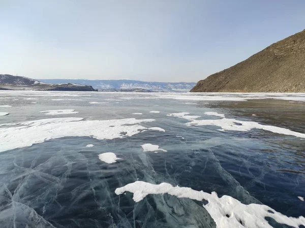 transparent lake covered with ice in winter