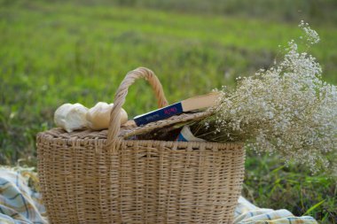 Çiçekli bir hasır sepet battaniyenin üzerinde duruyor.