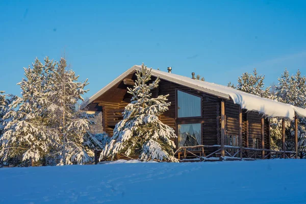 Paisaje invernal con nieve, sol, cielo azul y árboles nevados —  Fotos de Stock