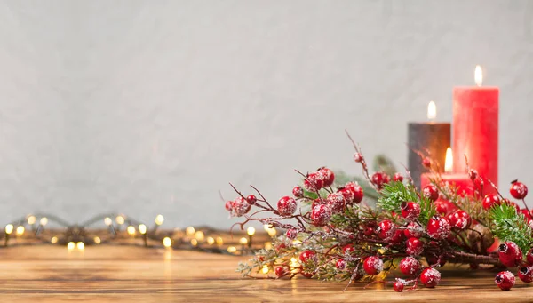 Burning Candles Dark Black Background Christmas Garland Light Defocused Background — Stock Photo, Image