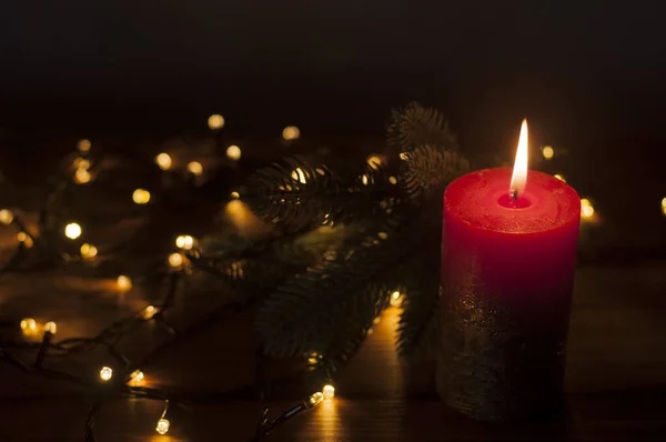 Lighted Candles Defocused Lights Garlands Background Dark Background Christmas Card — Stock Photo, Image