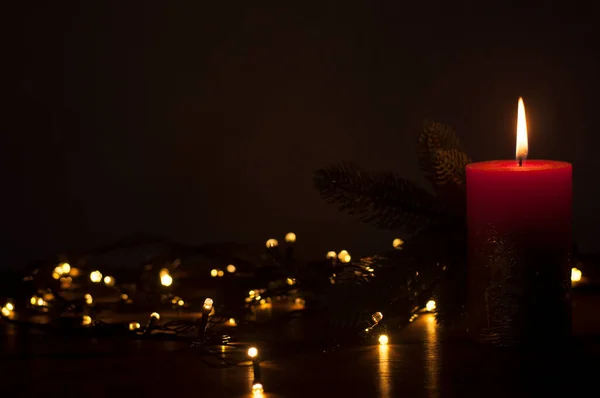Lighted Candles Defocused Lights Garlands Background Dark Background Christmas Card — Stock Photo, Image