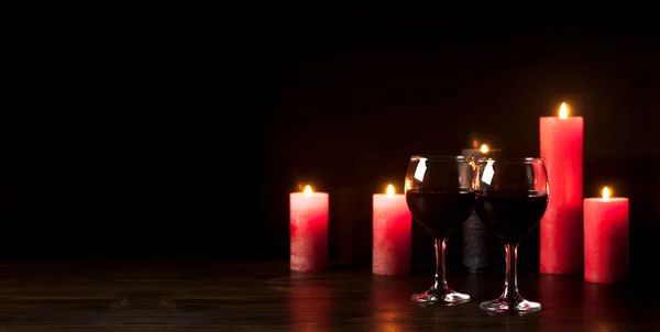 Burning Candles Dark Wooden Table Glasses Red Wine Valentine Day — Stock Photo, Image