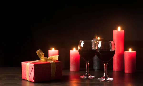 Burning Candles Dark Wooden Table Glasses Red Wine Gift Red — Stock Photo, Image