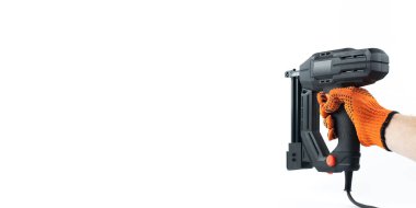 Elektrikli zımba. Elektrikli alet. Beyaz bir arka planda. İzole edilmiş