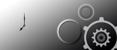 Siyah-beyaz arka planda saatler. Dişliler ve mekanizmalar. Görüntü.