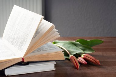 Tahta tepside açık bir kitap. Kitapta çiçekler var. Bir yığın kitap. İşyeri.