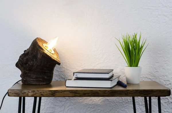 Closed Book Notepad Pen Green Flowerpot White Pot Wooden Table — Stock Photo, Image