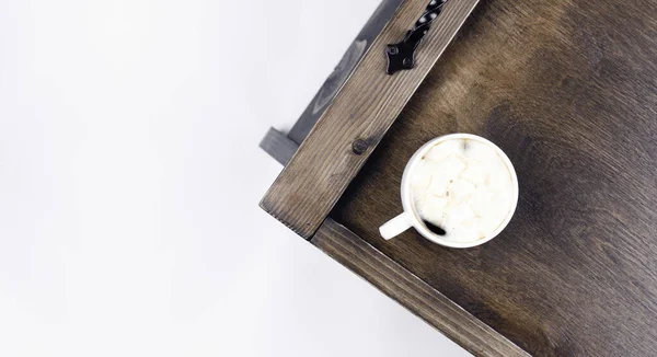 Tazza Caffè Cappuccino Vassoio Legno Colazione — Foto Stock