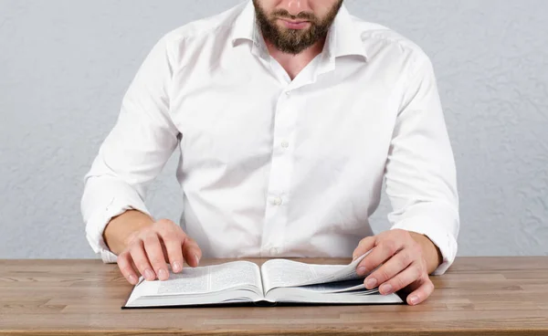 Open Bible Book Table Man Shirt Book Hand — Stock Photo, Image