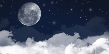 Gece gökyüzü. Kar taneleri ve yıldızlı bulutlar. Noel yıldızı. Geceleyin ay