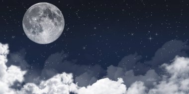 Gece gökyüzü. Kar taneleri ve yıldızlı bulutlar. Noel yıldızı. Geceleyin ay