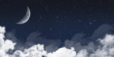 Gece gökyüzü. Kar taneleri ve yıldızlı bulutlar. Noel yıldızı. Geceleyin ay