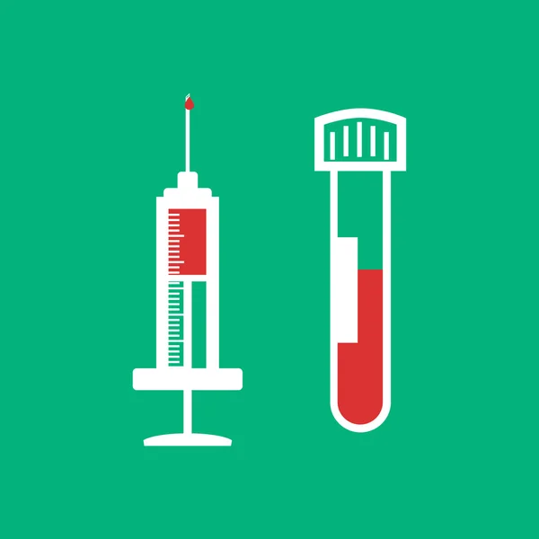 Spuit en bloed reageerbuis groene platte pictogram — Stockvector