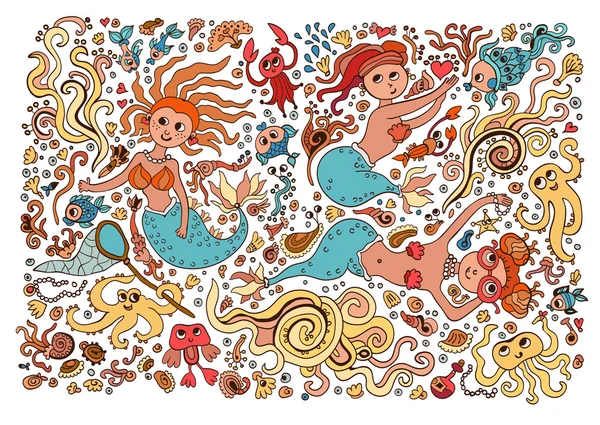 Color Conjunto de elementos sobre la vida marina tropical. Colección marina: pulpo, sirena, perlas, peces, algas, sirena, coral, camarones . — Vector de stock