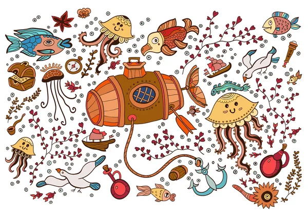 Gekleurde Set elementen op het tropic sea life. Marinecollection: onderzeese, vaten, flessen wijn, vissen, zeesterren, kwallen, anker, kompas, meeuwen, vogels, telescoop, schelpen, zeewier, — Stockvector