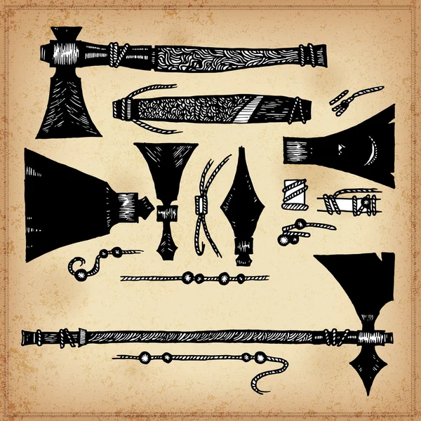 Set of hand drawing ink elements of American Indian axes and Tomahawks. Vector illustration. Elements in native style for greeting card and postcard, henna and tattoo design. — Stock Vector