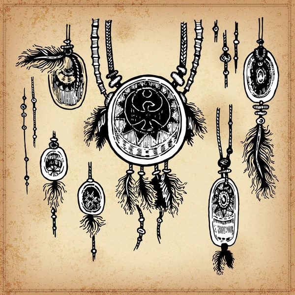 Set of hand drawing ink black and white pendants. Vector illustration. Set of doodle tribal elements. Pendants in native style for greeting card and postcard, henna and tattoo design. — Stock Vector