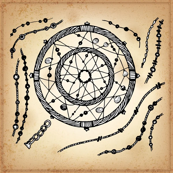 Set of hand drawing ink circle for the Dreamcatcher. Vector illustration. Set of doodle tribal Dream catcher. Elements in native style for greeting card and postcard, henna and tattoo design. Royalty Free Stock Vectors