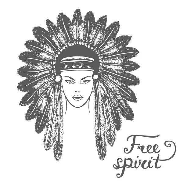 Affiche avec tête féminine indienne abstraite dessinée à la main et texte sur fond blanc. "Esprit libre". Illustration vectorielle. Fond de thème tribal avec tête féminine indienne . — Image vectorielle