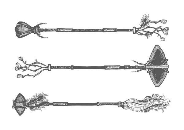 군사 무기와 cudgel의 손 그리기 잉크 요소의 집합입니다. 벡터 그림입니다. 낙서 부족 무기의 집합입니다. 인사말 카드와 엽서에 대한 네이티브 스타일의 요소입니다. 부족 테마 배경 — 스톡 벡터