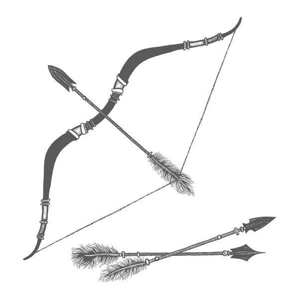 Freccia e arco isolati su sfondo bianco. Illustrazione vettoriale con elementi etnici isolati su sfondo bianco. Tema tribale — Vettoriale Stock