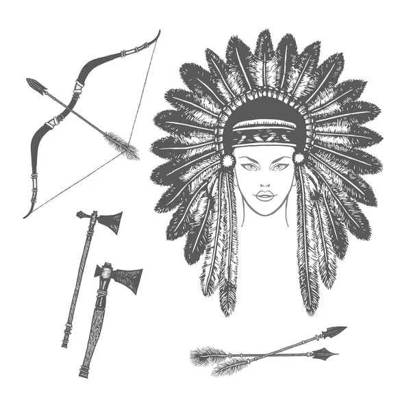 Vektortinte ethnische Set mit Pfeilen, Bögen, Tomahawks und indianischer Kopfbedeckung. Vektorillustration mit ethnischen Elementen isoliert auf weißem Hintergrund. Hintergrund Stammesthemen — Stockvektor
