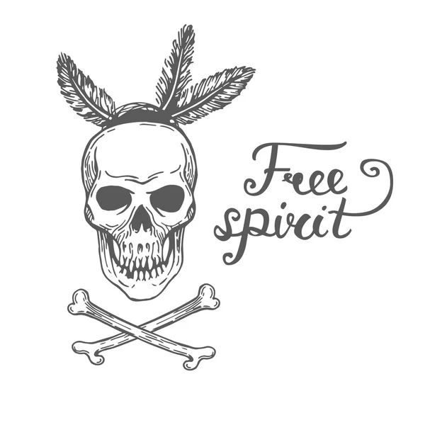 Poster with hand drawn abstract skull and text on white background. "Free spirit" Vector illustration with skull american indians isolated on white background Tribal theme background with skull. — Stock Vector