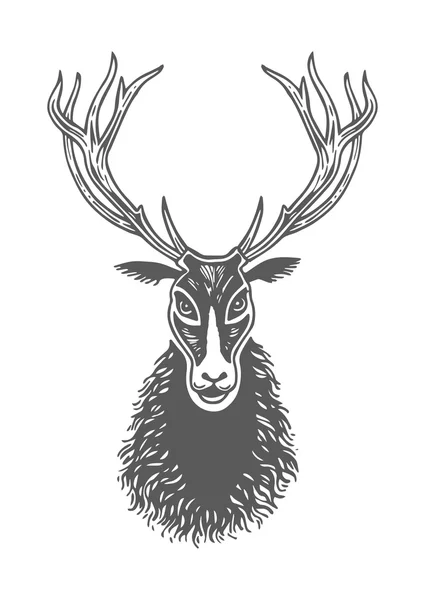 Tinta de desenho de mão cara de veado preta e branca, pata, pegada de um animal, ilustração de Vetor. Arte de linha. Isolado. No fundo branco — Vetor de Stock